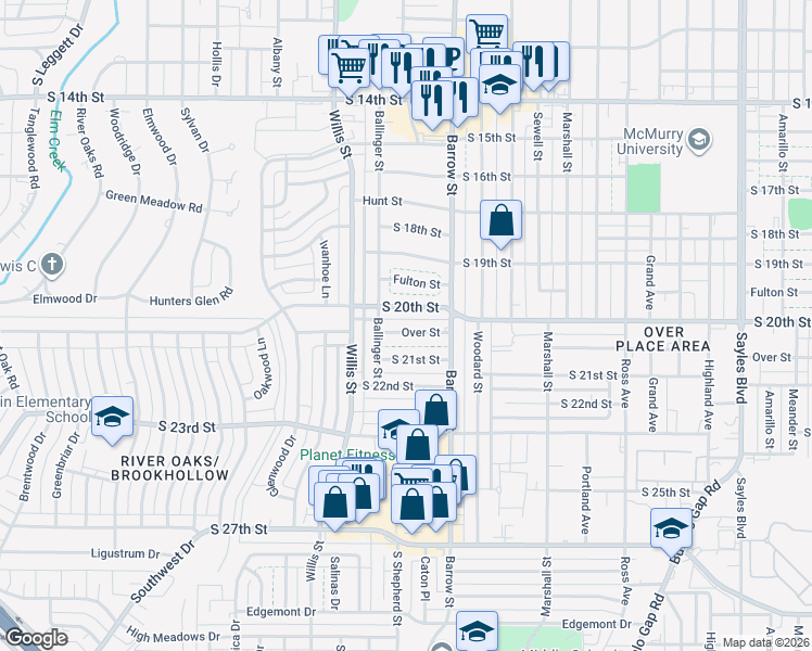 map of restaurants, bars, coffee shops, grocery stores, and more near 3181 Over Street in Abilene
