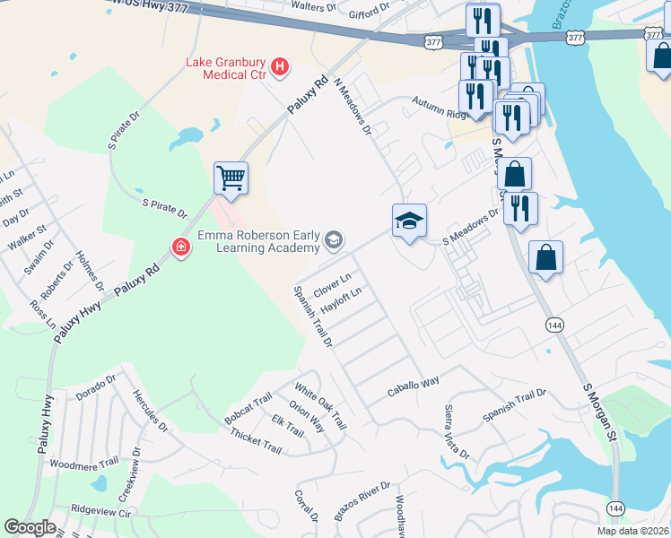 map of restaurants, bars, coffee shops, grocery stores, and more near 1509 Misty Meadow Drive in Granbury