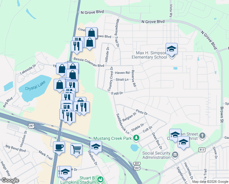 map of restaurants, bars, coffee shops, grocery stores, and more near 319 South Hill Drive in Waxahachie