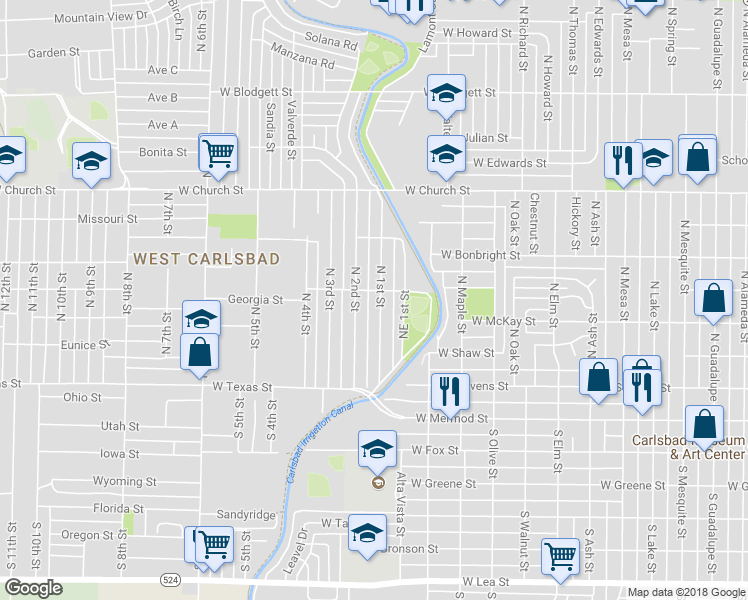 map of restaurants, bars, coffee shops, grocery stores, and more near 409 Northeast 1st Street in Carlsbad