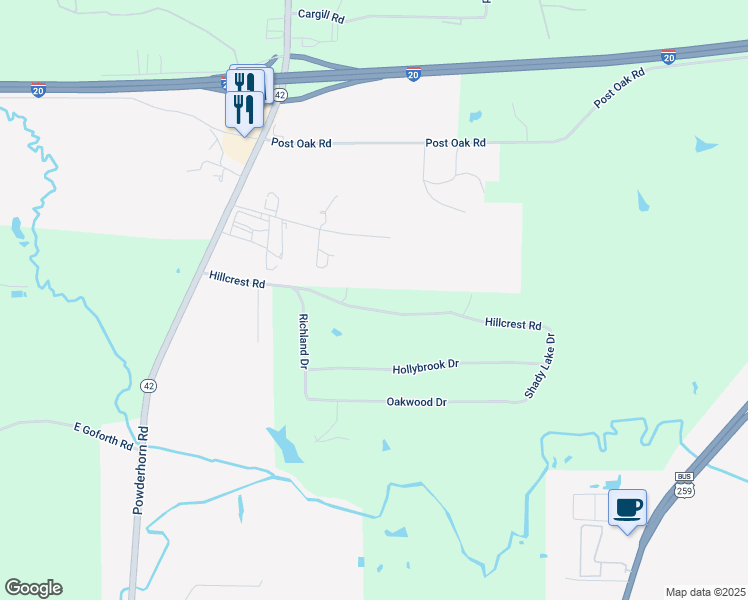 map of restaurants, bars, coffee shops, grocery stores, and more near 291 Hillcrest Dr in Kilgore
