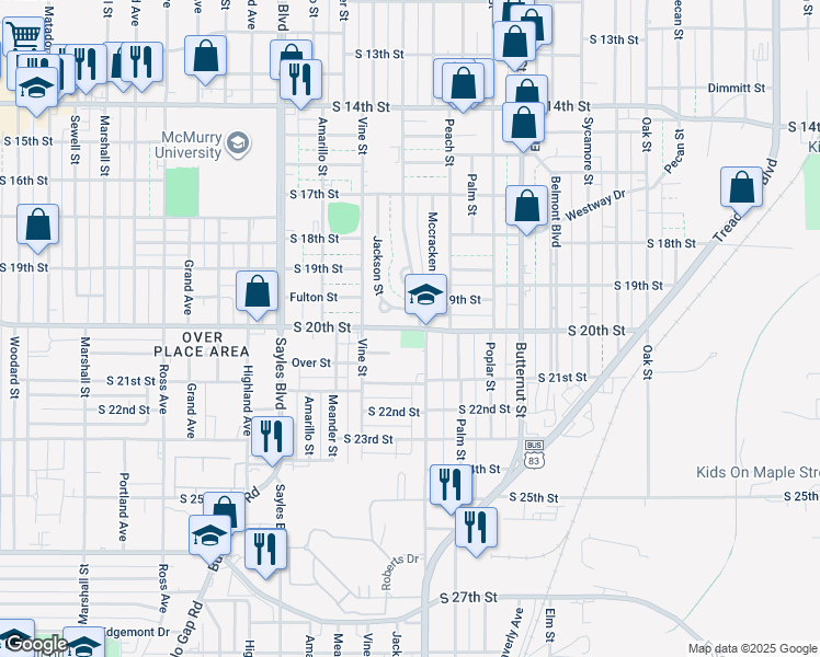 map of restaurants, bars, coffee shops, grocery stores, and more near 1733 South 20th Street in Abilene
