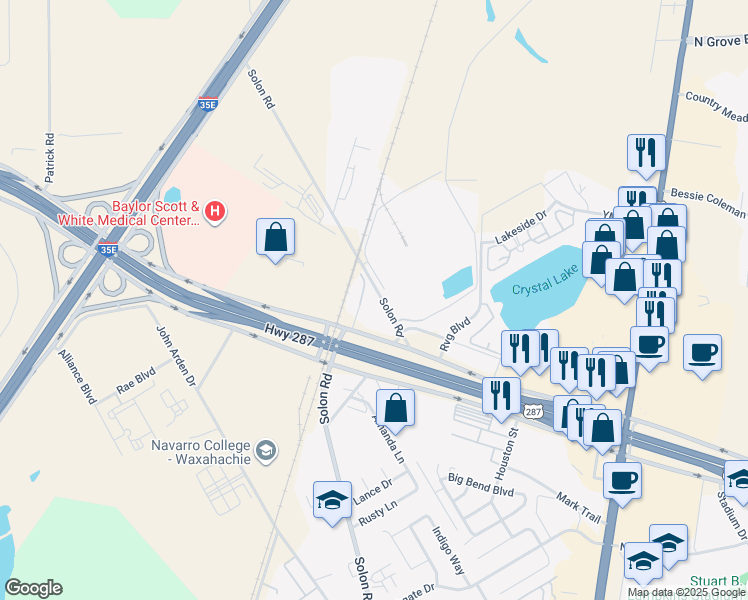 map of restaurants, bars, coffee shops, grocery stores, and more near 875 Solon Road in Waxahachie