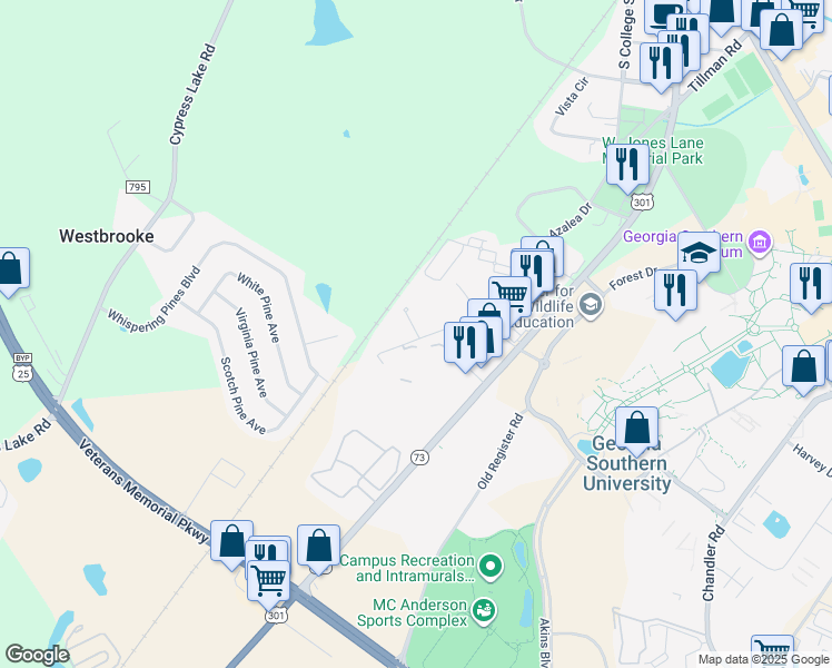 map of restaurants, bars, coffee shops, grocery stores, and more near 218 Caribe Court in Statesboro