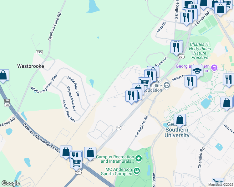 map of restaurants, bars, coffee shops, grocery stores, and more near 218 Caribe Court in Statesboro