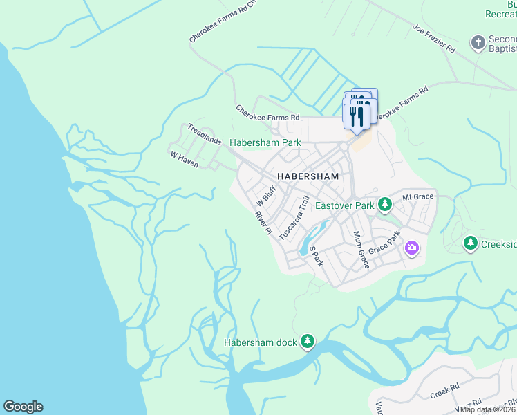 map of restaurants, bars, coffee shops, grocery stores, and more near 6 West Bluff in Beaufort