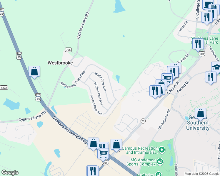 map of restaurants, bars, coffee shops, grocery stores, and more near 9063 Whispering Pines Boulevard in Statesboro