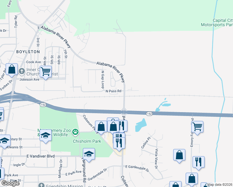 map of restaurants, bars, coffee shops, grocery stores, and more near 716 North Pass Road in Montgomery