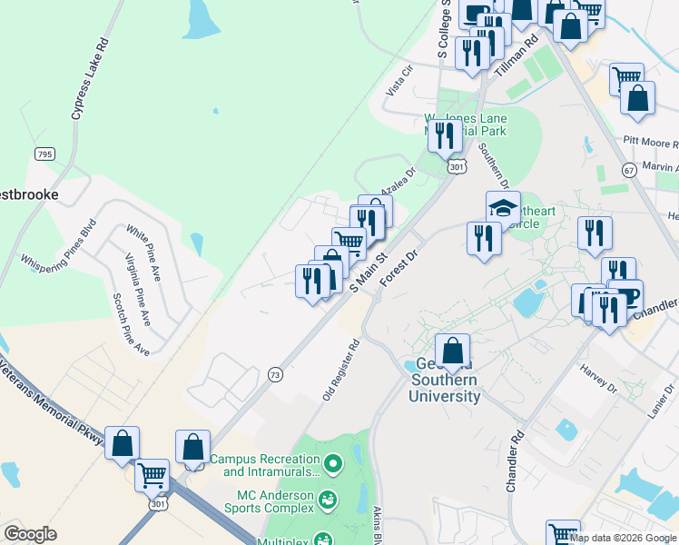 map of restaurants, bars, coffee shops, grocery stores, and more near 111 Rucker Lane in Statesboro