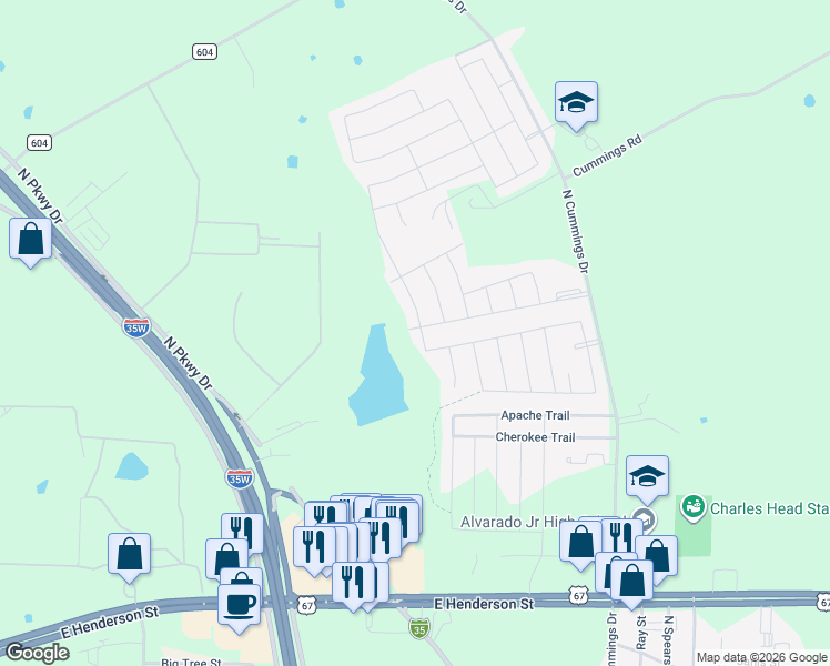 map of restaurants, bars, coffee shops, grocery stores, and more near 705 Lakeview Drive in Alvarado