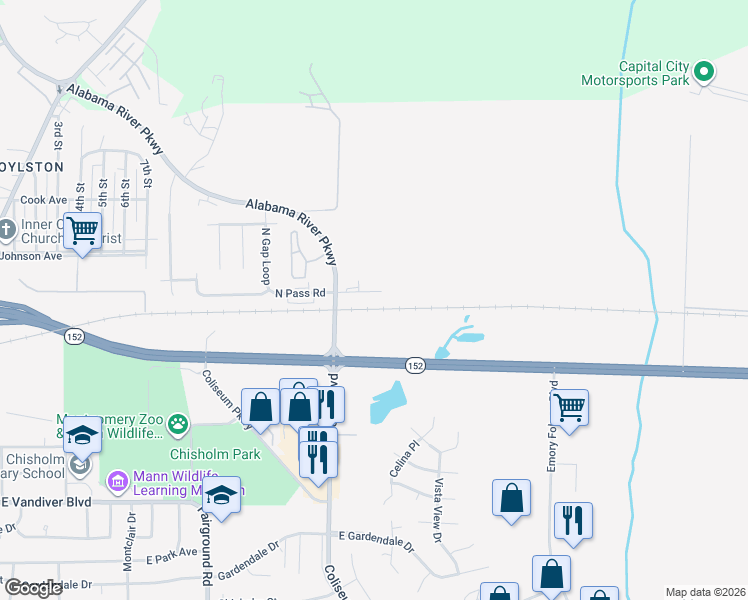 map of restaurants, bars, coffee shops, grocery stores, and more near 647 North Pass Road in Montgomery