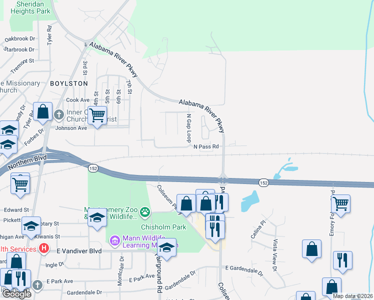 map of restaurants, bars, coffee shops, grocery stores, and more near 813 North Gap Loop in Montgomery
