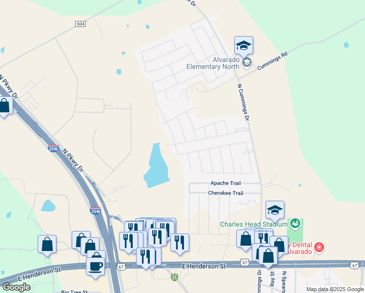 map of restaurants, bars, coffee shops, grocery stores, and more near 102 Rockhaven Drive in Alvarado