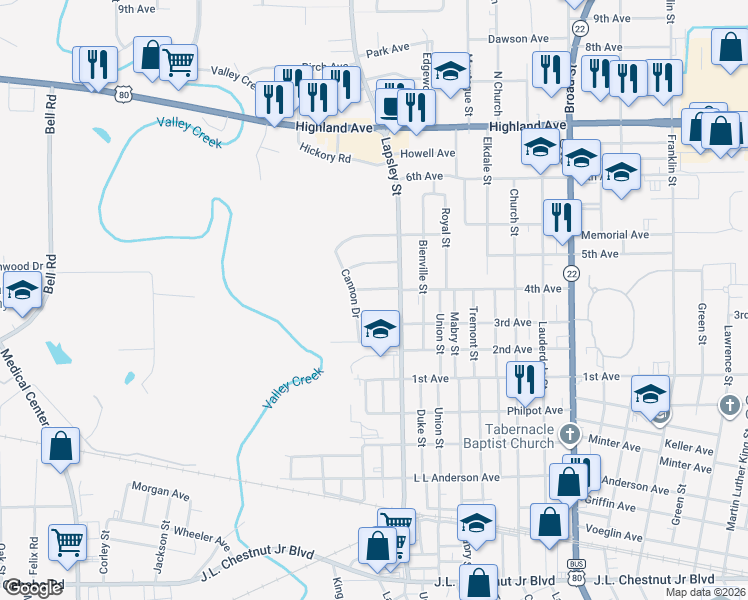 map of restaurants, bars, coffee shops, grocery stores, and more near 405 4th Avenue in Selma