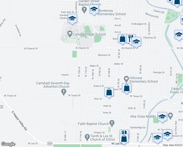 map of restaurants, bars, coffee shops, grocery stores, and more near 405 North 10th Street in Carlsbad