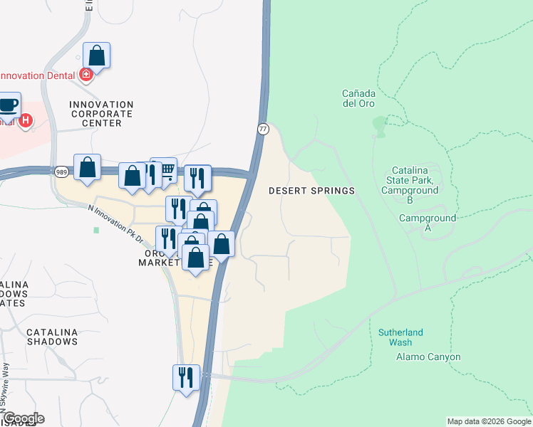 map of restaurants, bars, coffee shops, grocery stores, and more near 12100 North Oracle Road in Tucson