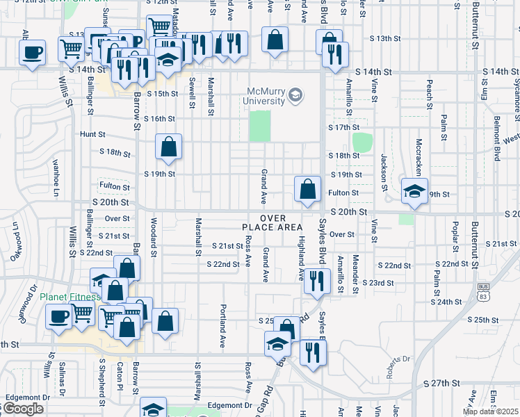 map of restaurants, bars, coffee shops, grocery stores, and more near 2341 Fulton Street in Abilene