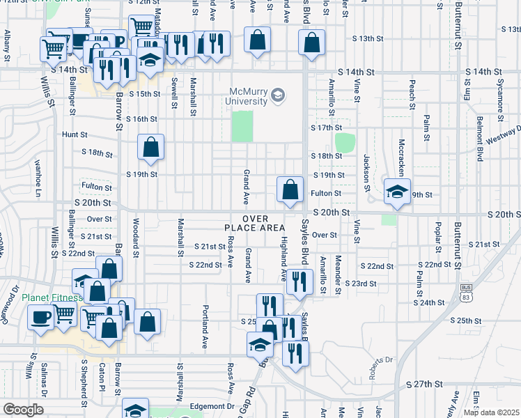 map of restaurants, bars, coffee shops, grocery stores, and more near 2341 Fulton Street in Abilene