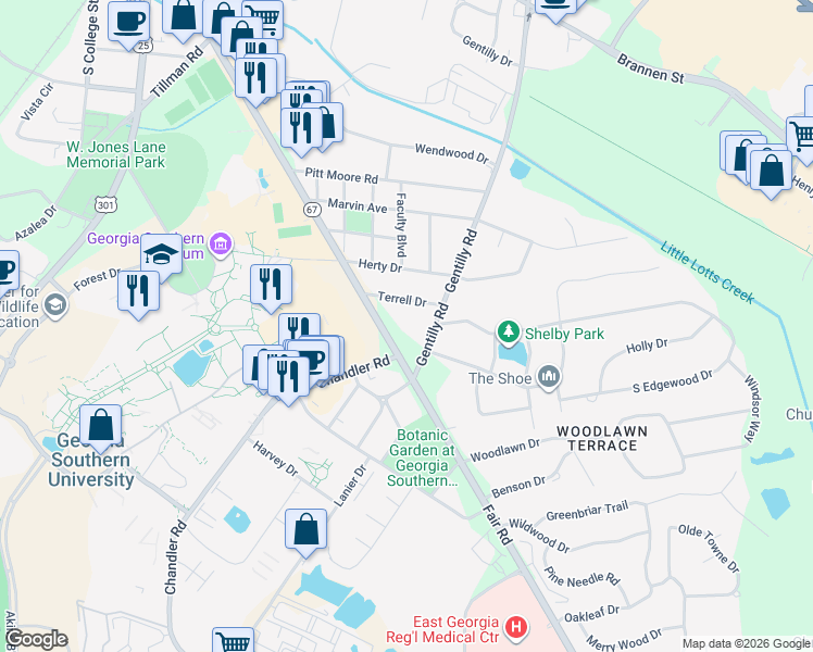 map of restaurants, bars, coffee shops, grocery stores, and more near 1102 Fair Road in Statesboro