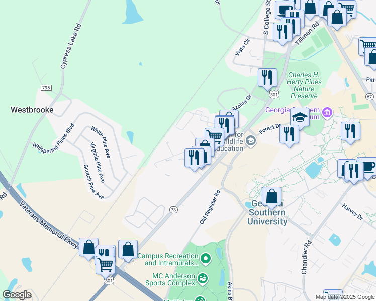 map of restaurants, bars, coffee shops, grocery stores, and more near 117 Rucker Lane in Statesboro