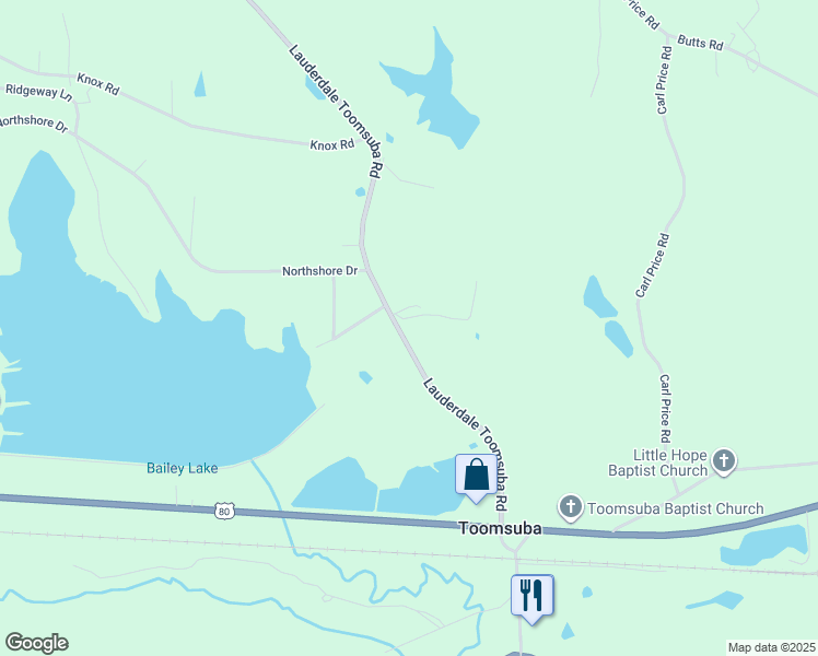 map of restaurants, bars, coffee shops, grocery stores, and more near 6120 Lauderdale Toomsuba Road in Toomsuba