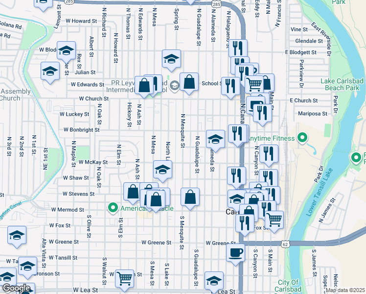 map of restaurants, bars, coffee shops, grocery stores, and more near 498 North Mesquite Street in Carlsbad