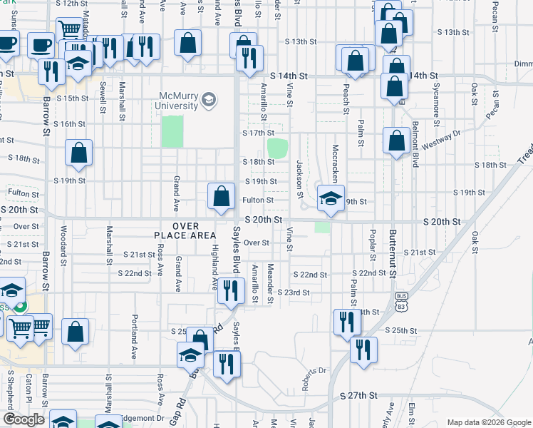 map of restaurants, bars, coffee shops, grocery stores, and more near 1958 South 20th Street in Abilene