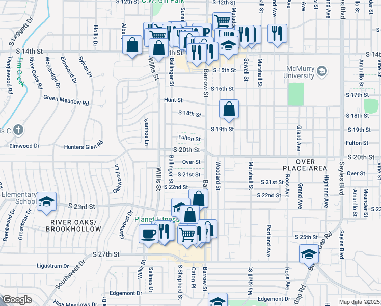 map of restaurants, bars, coffee shops, grocery stores, and more near 3141 South 20th Street in Abilene