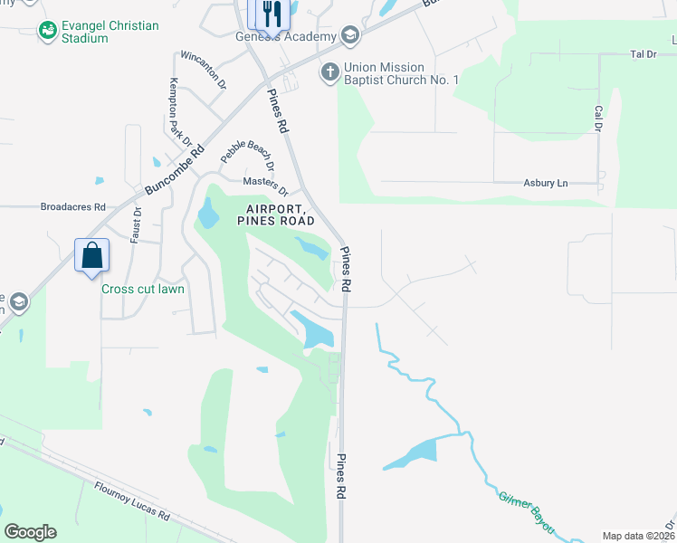 map of restaurants, bars, coffee shops, grocery stores, and more near 8002 Pines Road in Shreveport