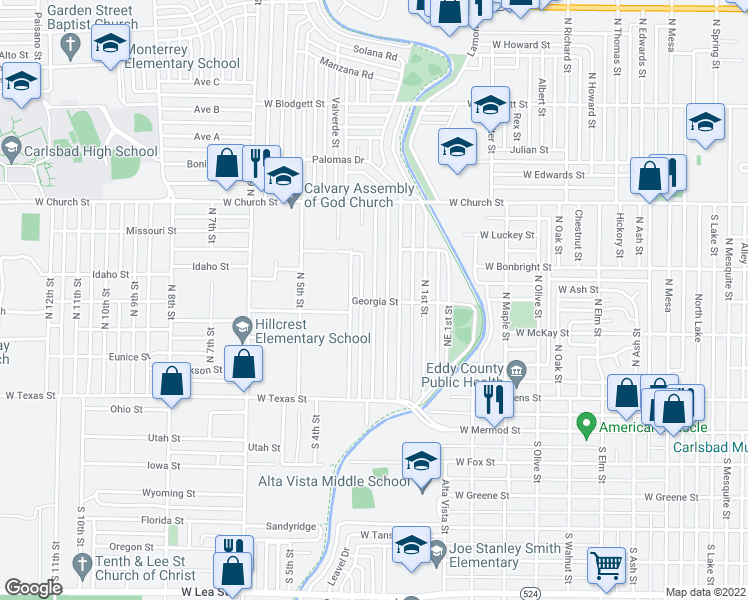 map of restaurants, bars, coffee shops, grocery stores, and more near 500 North 3rd Street in Carlsbad