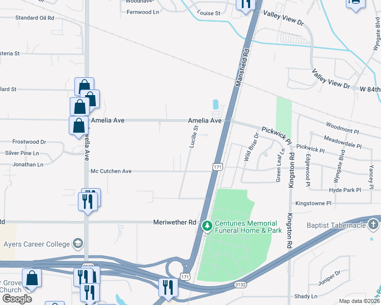 map of restaurants, bars, coffee shops, grocery stores, and more near 8120 Lucille Street in Shreveport