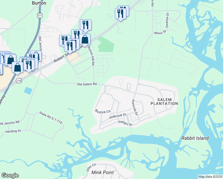 map of restaurants, bars, coffee shops, grocery stores, and more near 6 Rowell Lane in Beaufort