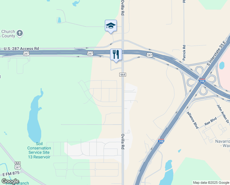 map of restaurants, bars, coffee shops, grocery stores, and more near 601-637 Farm to Market 664 in Waxahachie