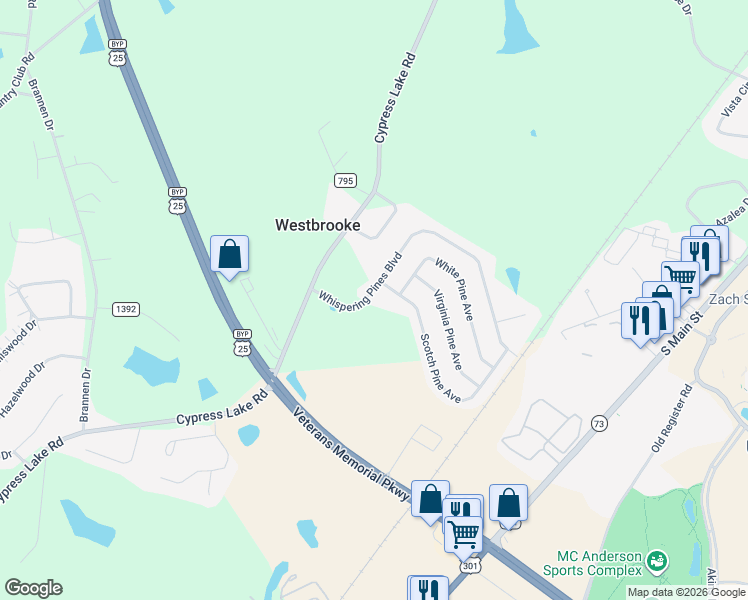 map of restaurants, bars, coffee shops, grocery stores, and more near 9000 Whispering Pines Boulevard in Statesboro