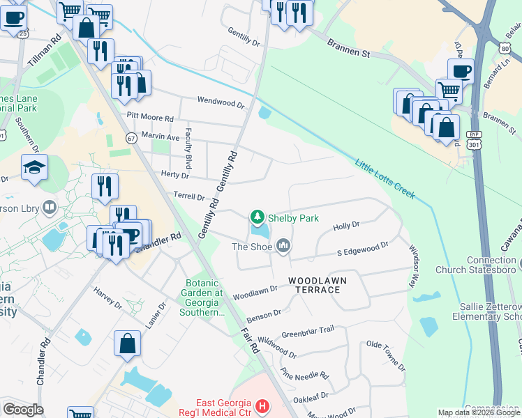 map of restaurants, bars, coffee shops, grocery stores, and more near 113 North Edgewood Drive in Statesboro