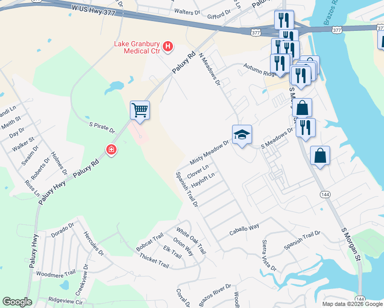 map of restaurants, bars, coffee shops, grocery stores, and more near 1500 Misty Meadow Drive in Granbury