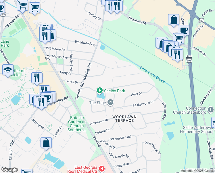 map of restaurants, bars, coffee shops, grocery stores, and more near 117 North Edgewood Drive in Statesboro