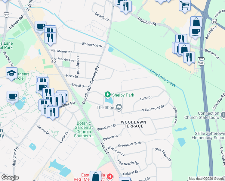 map of restaurants, bars, coffee shops, grocery stores, and more near 117 North Edgewood Drive in Statesboro