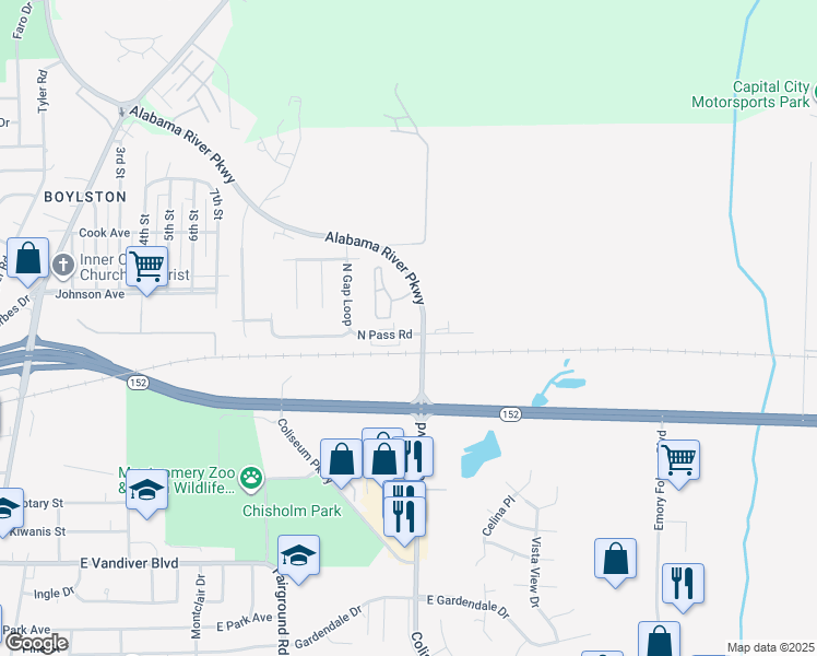 map of restaurants, bars, coffee shops, grocery stores, and more near 705 North Pass Road in Montgomery