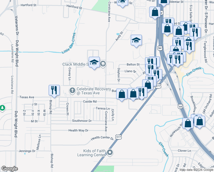 map of restaurants, bars, coffee shops, grocery stores, and more near 5397 Alamo Drive in Abilene