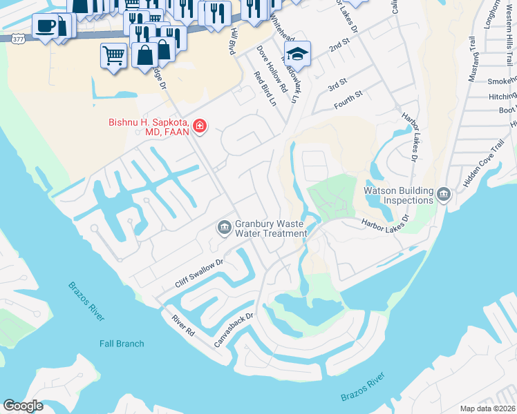 map of restaurants, bars, coffee shops, grocery stores, and more near 1715 Water's Edge Drive in Granbury