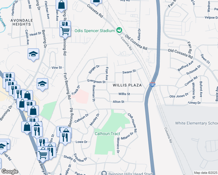 map of restaurants, bars, coffee shops, grocery stores, and more near 1499 Brewer Avenue in Columbus