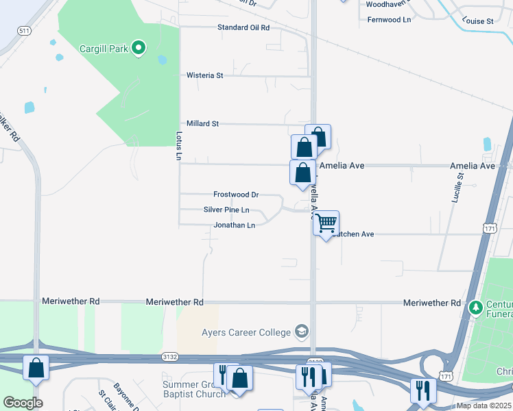 map of restaurants, bars, coffee shops, grocery stores, and more near 2810 Silver Pine Ln in Shreveport
