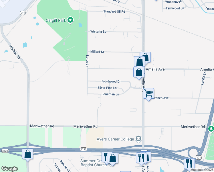 map of restaurants, bars, coffee shops, grocery stores, and more near 2902 Silver Pine Lane in Shreveport
