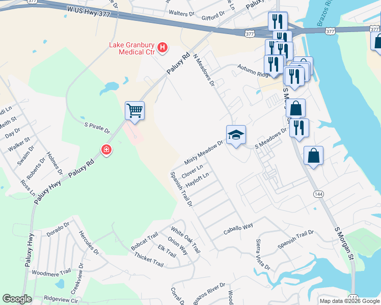 map of restaurants, bars, coffee shops, grocery stores, and more near 1500 Misty Meadow Drive in Granbury