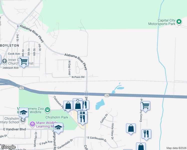 map of restaurants, bars, coffee shops, grocery stores, and more near 691 North Pass Road in Montgomery