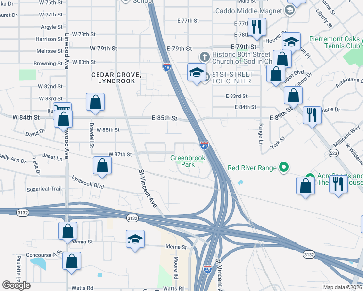 map of restaurants, bars, coffee shops, grocery stores, and more near 216 North Emerald Loop in Shreveport