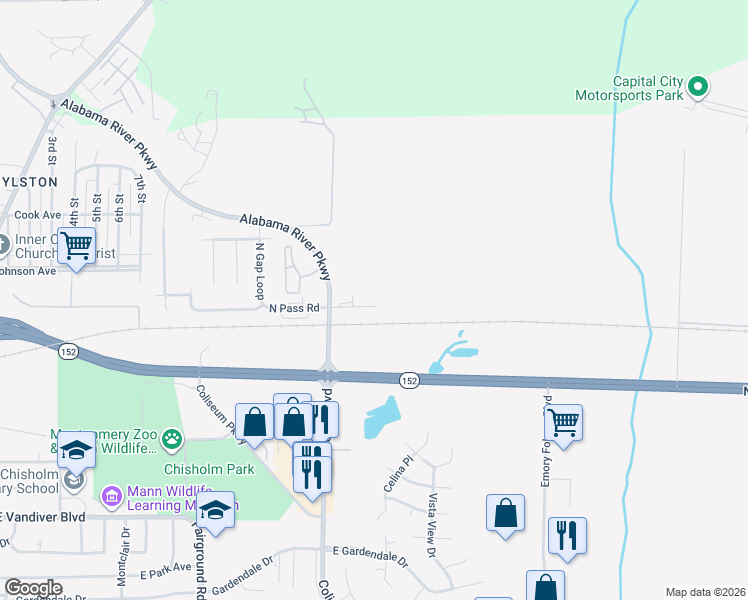 map of restaurants, bars, coffee shops, grocery stores, and more near 647 N Pass Rd in Montgomery