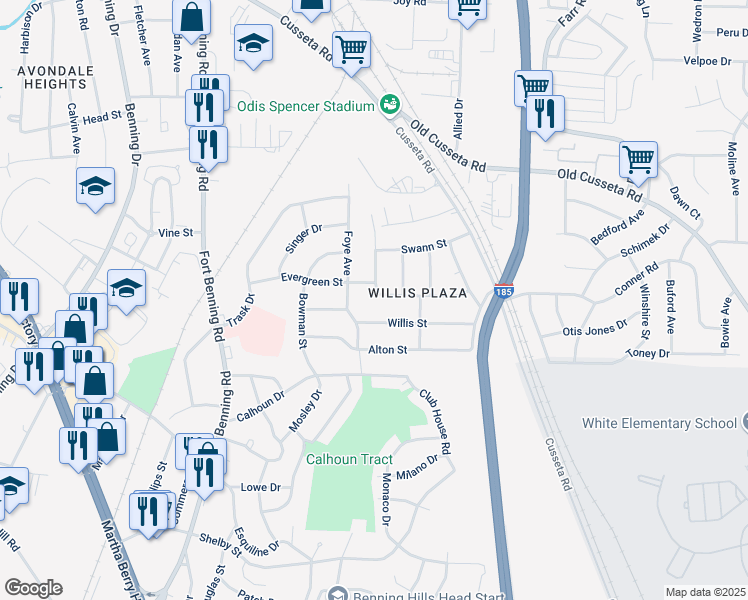 map of restaurants, bars, coffee shops, grocery stores, and more near 1499 Brewer Avenue in Columbus