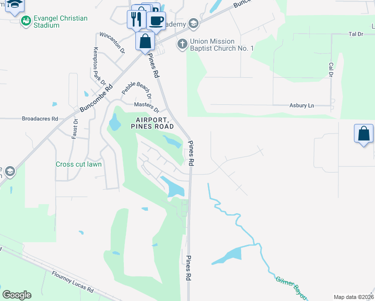 map of restaurants, bars, coffee shops, grocery stores, and more near 8002 Pines Road in Shreveport